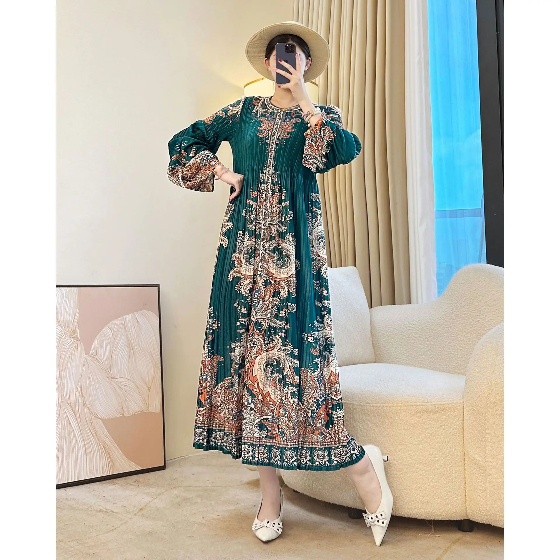 Miyake Women Pleated Satin Midi Dress - Cream Floral Embossed Long Sleeves, Printed Pleated Skirt Spring 2026 - Brunch Date Wear