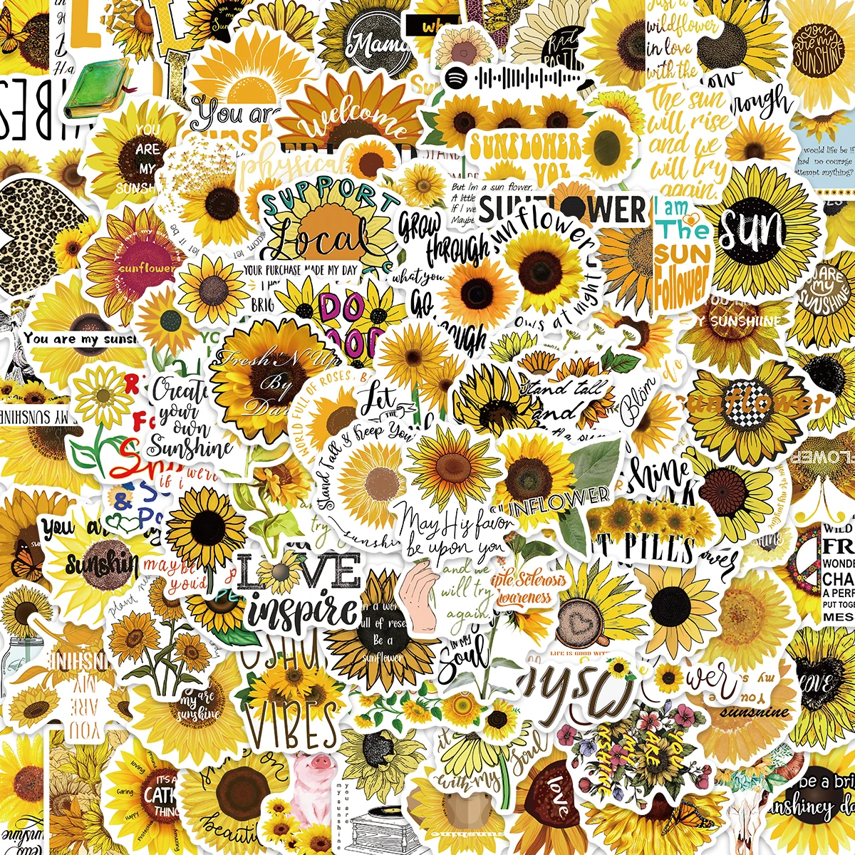 100pcs You Are My Sunshine Sunflower Cartoon Graffiti Stickers Laptop Phone Car Book DIY Cute Gift PVC Waterproof Stickers Pack