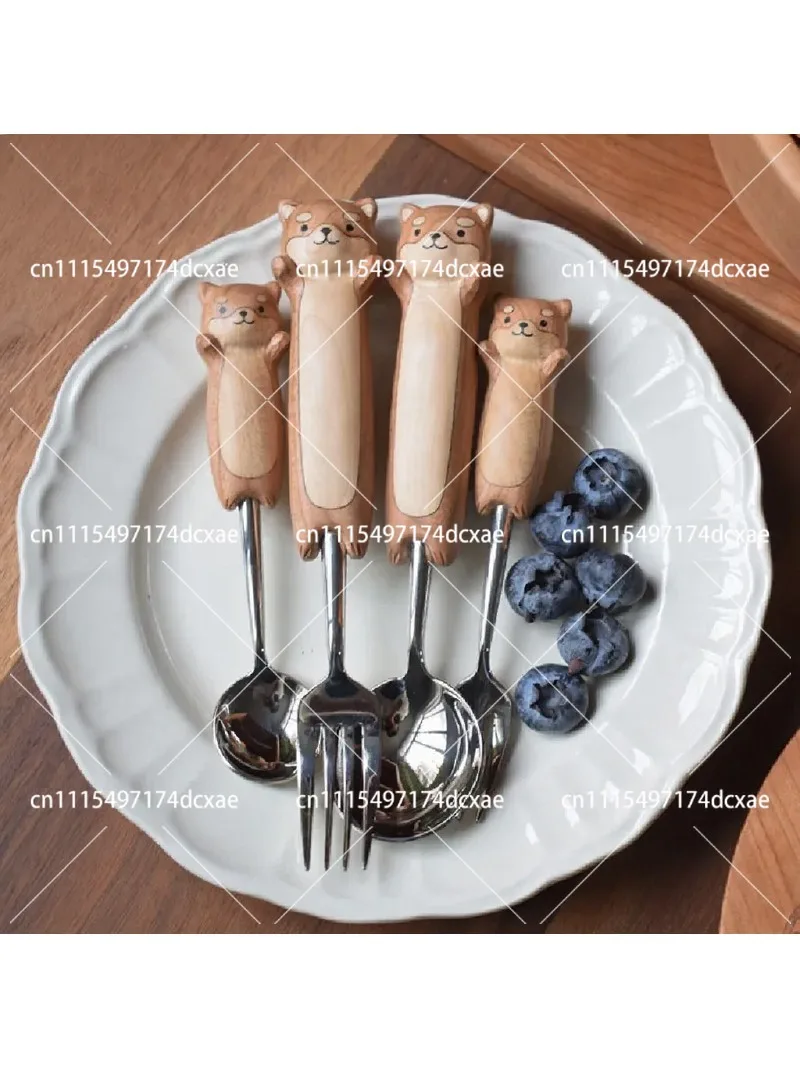 Children's Cute Cartoon Rice Spoon and Fork Set, Salad Pasta Dessert Solid Wood Utensils