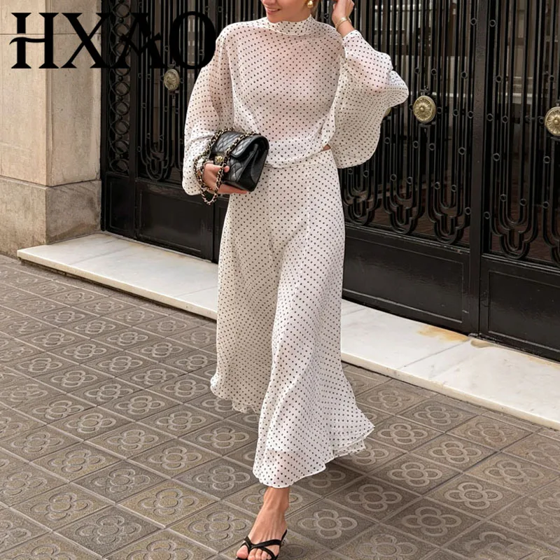 HXAO Women's Suit 2 Piece Set Elegant Female Sets Polka Dot Dress Outfits Summer Women's Suit With A Skirt Long Sleeve Outfits