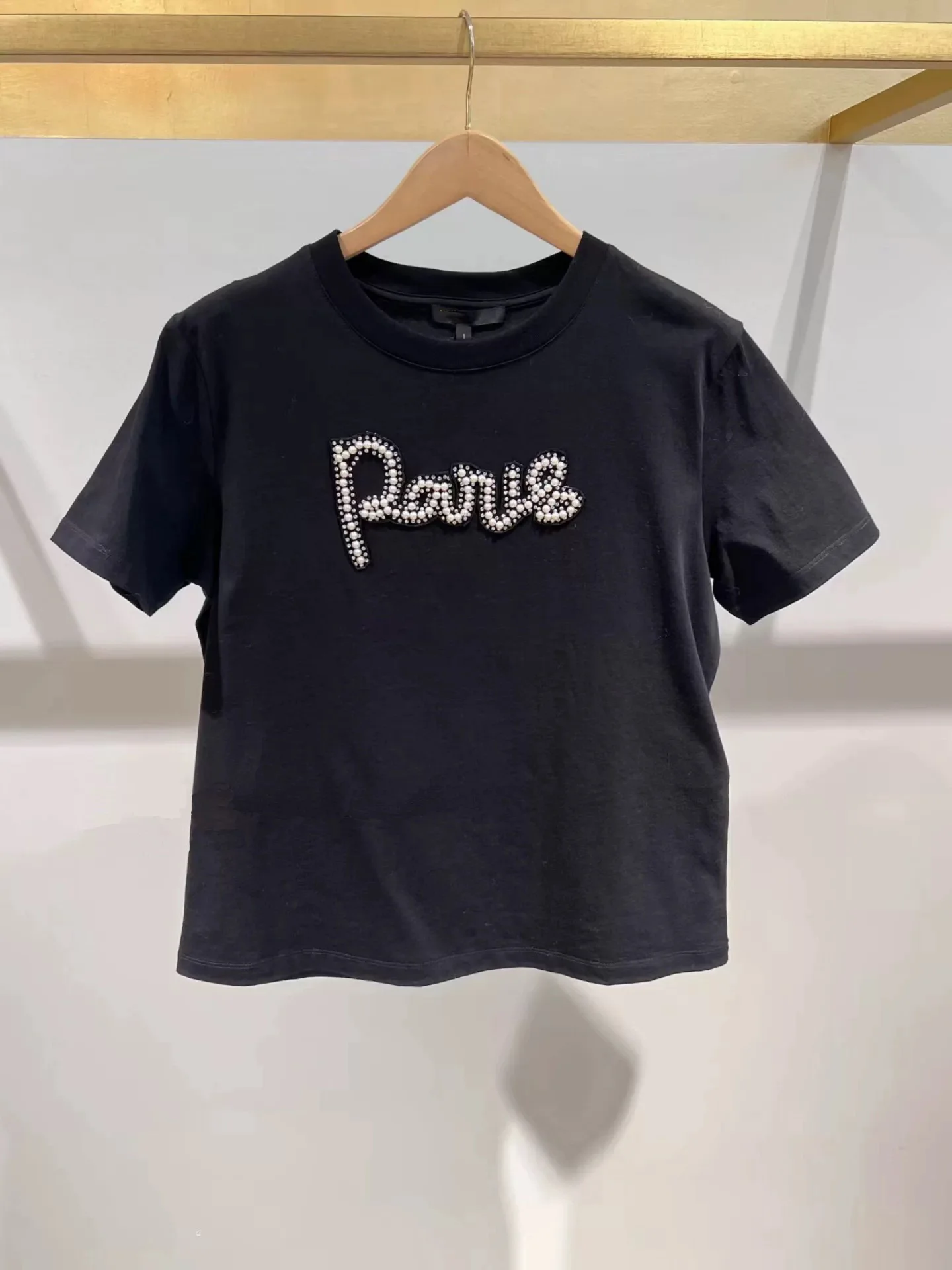 

Свободная хлопковая футболка круглого кроя Ne Embellied Letter Beads ort Sve Bla, Новое весеннее поступление, женский повседневный топ