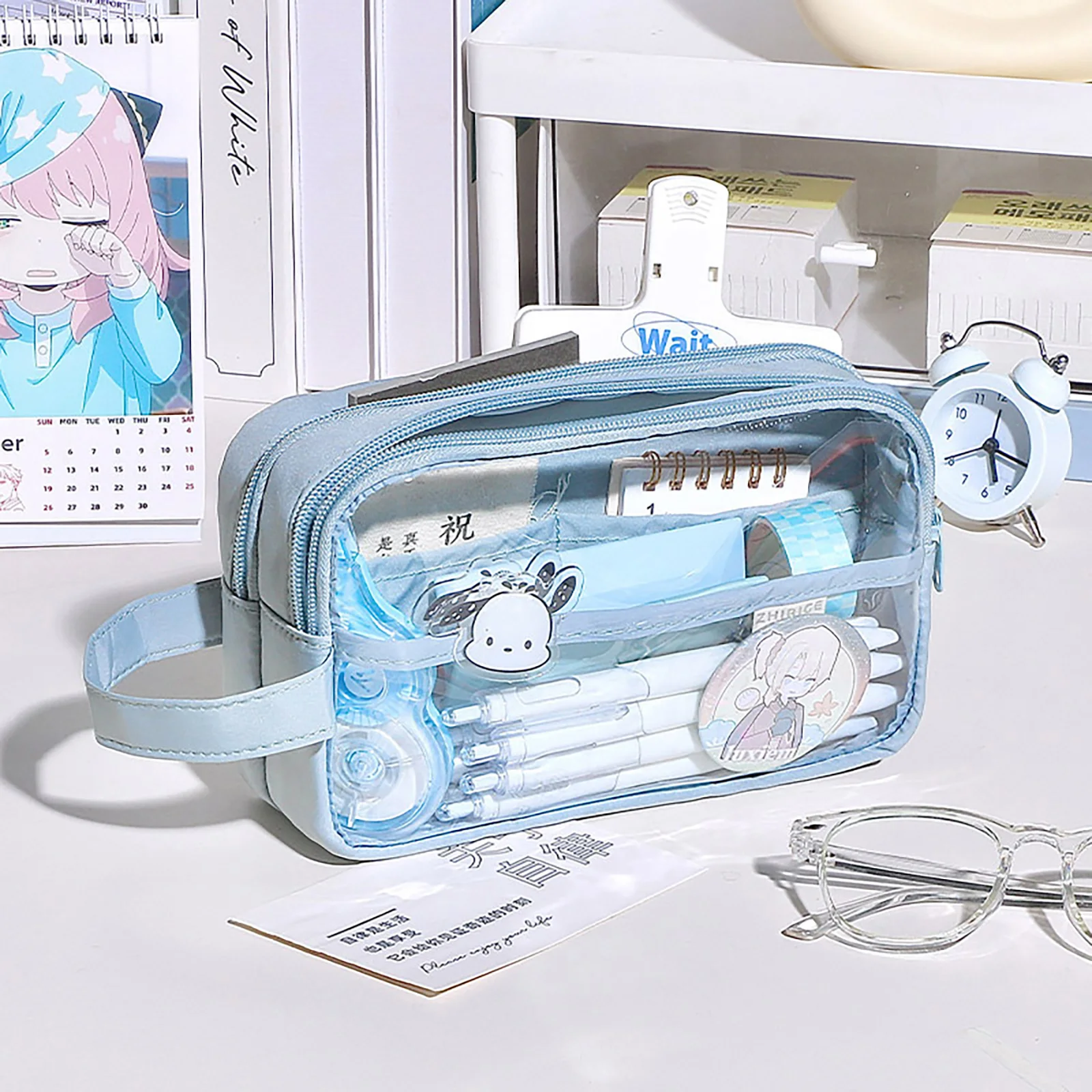 Clear Pencil Bag Kawaii Ita Bag Pencil Case with Handle,Portable Double Layer Pen Pouch for Students,Office