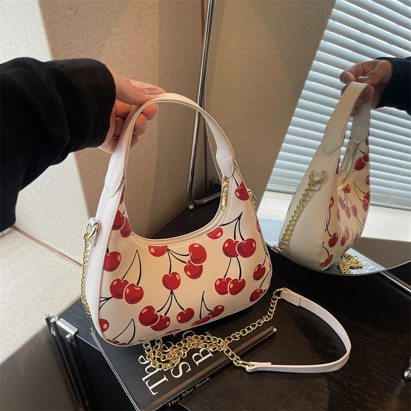 

Underarm Bag Women's Bag Cherry Strawberry Style Shoulder Underarm Chain Bag Niche Design Leather Zipper Crossbody Handbag
