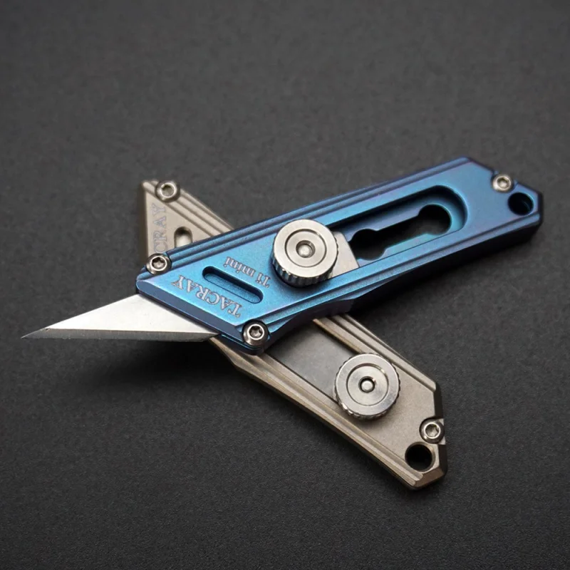 Blue Titanium Alloy Push Pocket Knife Multifunctional Keychain Utility Knife Survival EDC Tool Express Cutter can Replace Blade