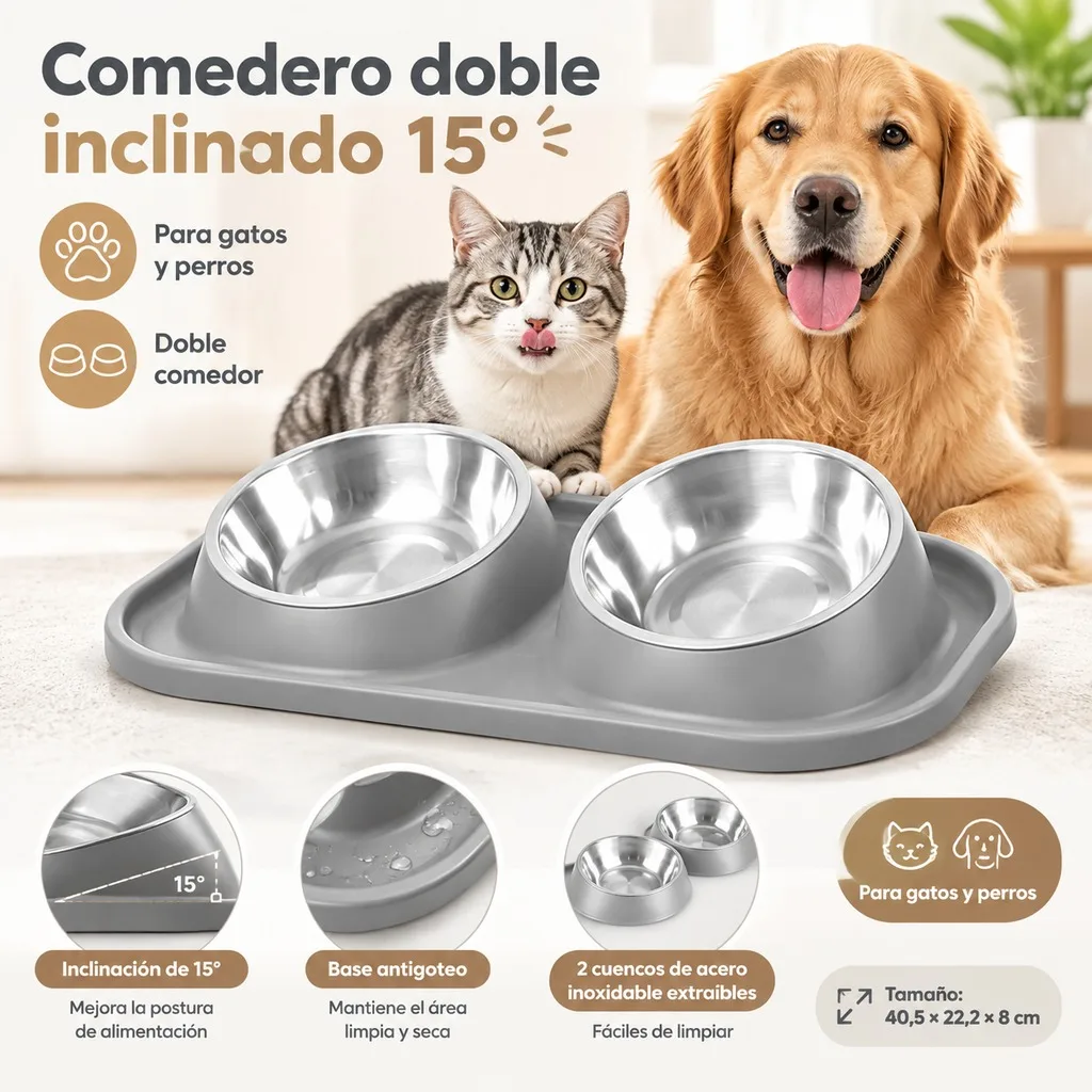 Comedero Doble para Perros y Gatos con Cuencos de Acero Inoxidable, Base Elevada con Inclinación de 15 Grados, Soporte de Plástico PP Antigoteo, Platos Desmontables para Mascotas