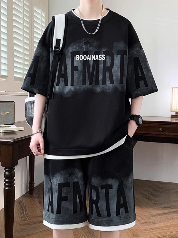 

European Station Casual Sports Suit Men's Summer New Trendy Brand Trendy Short Sleeve T Shorts Two-piece Set