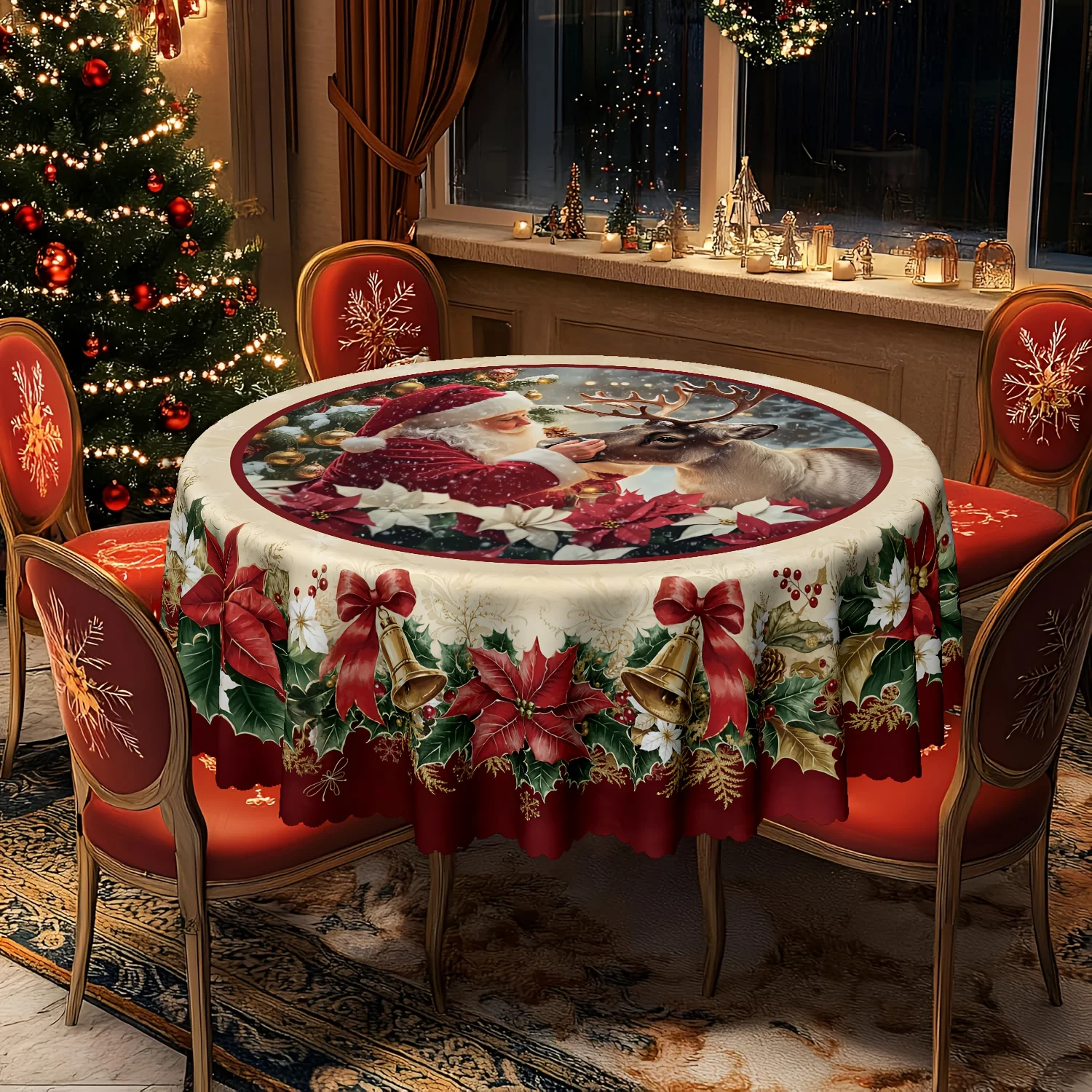 1Pc realistic Christmas round table cloth, center painted Santa Claus intimacy reindeer scene, with bell decoration