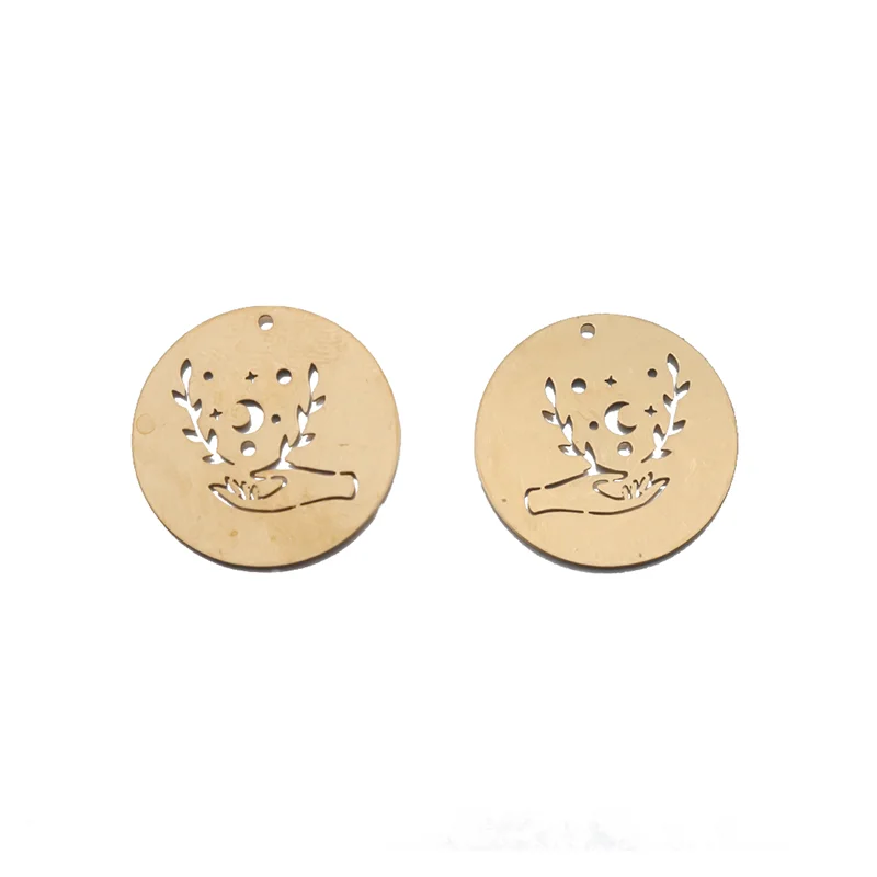 5pcs Raw Brass Round Disc Charms Hollow Hand Gesture Moon Pendant Connector For DIY Earrings Necklace Jewelry Making Supplies