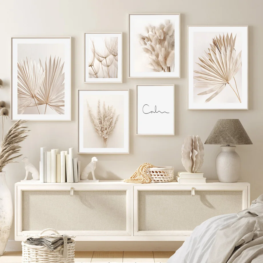 Neutral Beige Boho Wall Art Mural Canvas Poster Print Pampas Grass Dried Palm Leaf Dry Botanical Plant Apartment Room Home Decor