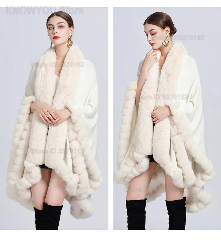 Fall Winter New Women Irregular Hem Knit Cape Poncho Shawl Faux Rex Rabbit Fur Collar Oversized Loose Warm Outer Cardigan