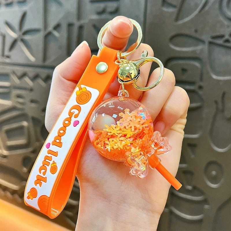 Summer Moving Liquid Little Lollipop Acrylic Keychain Cartoon Oil Quicksand Snowflake Ball Keyring Backpack Car Key Pendant Gift