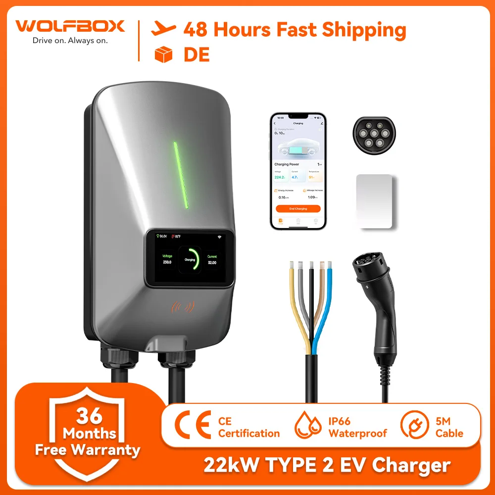 Wolfboxev ev Ladestation Typ 2 22kw 32a Elektro fahrzeug Auto ladegerät Wallbox mit App-Steuerung