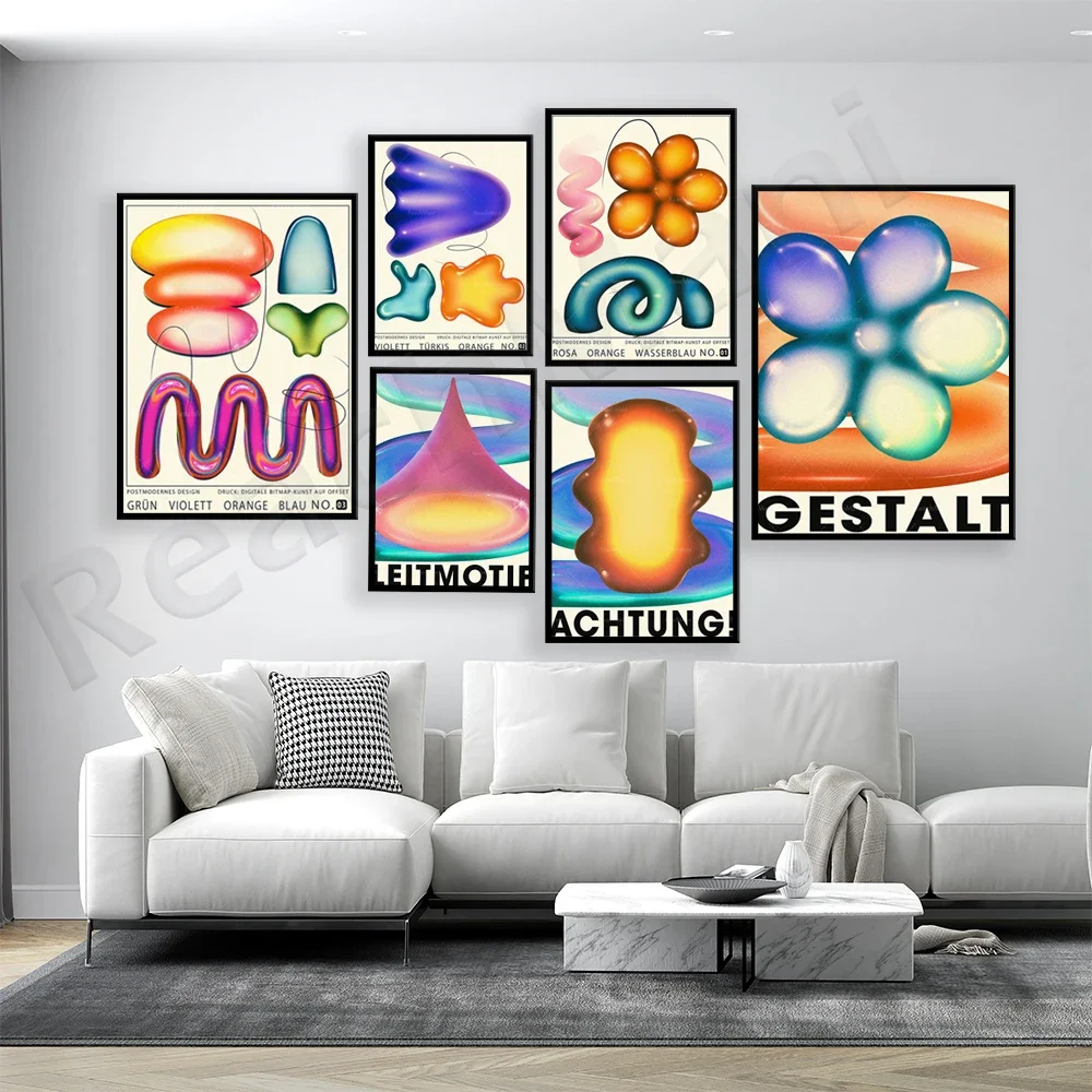 Literary vibrant shape themed library on german writing, gestalt philosophy, art of meditation, alien shapes, aesthetic posters