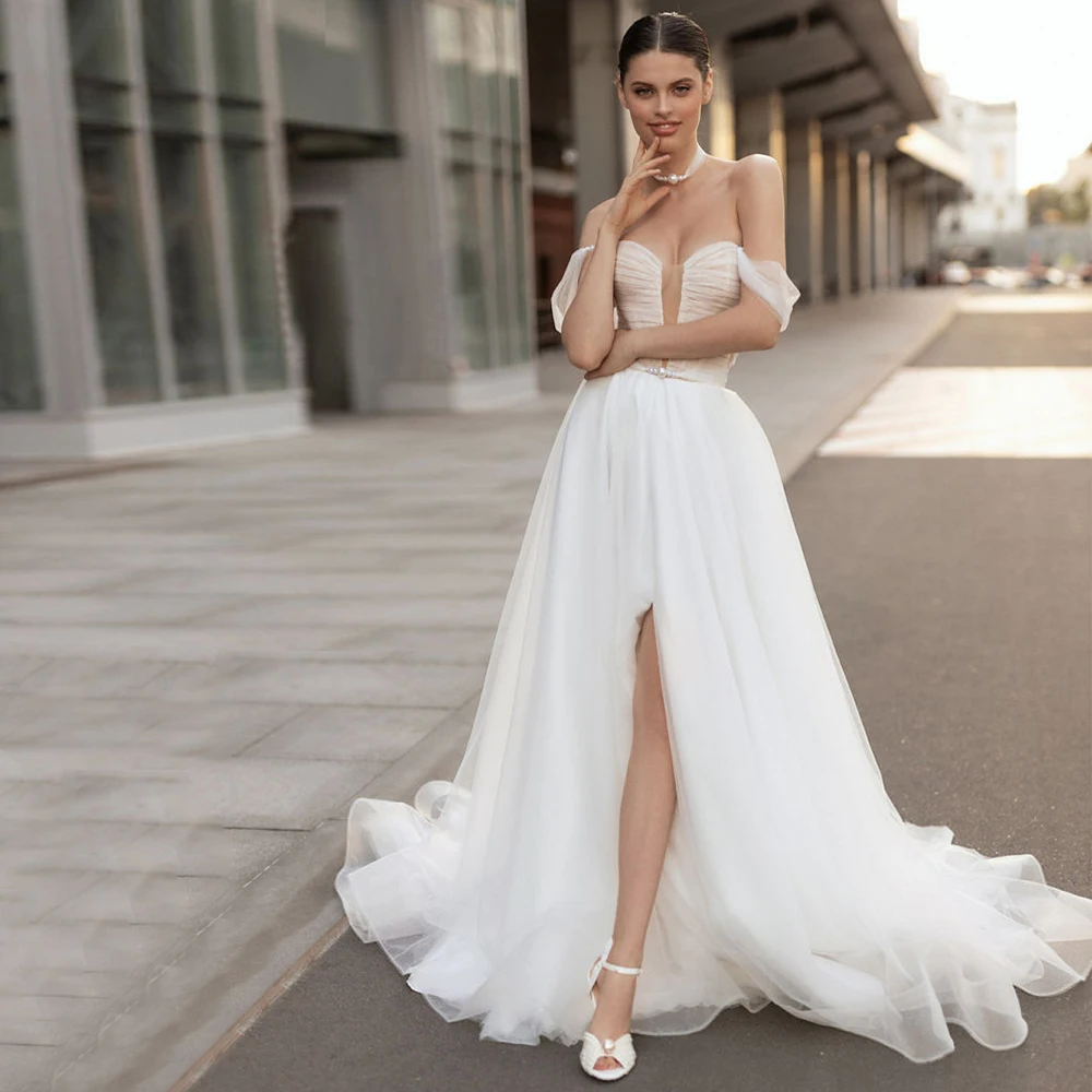 Weilinsha Sexy Strapless Backless Wedding Dress Ladies A-Line Sweep Train Tulle Off the Shoulder Side Slit Bohemian Bridal Gowns