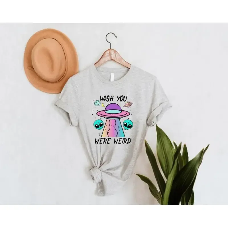 Funny Alien T Shirt Wish You Were Weird UFO For Women Lover Goth Girlfriend Coworker