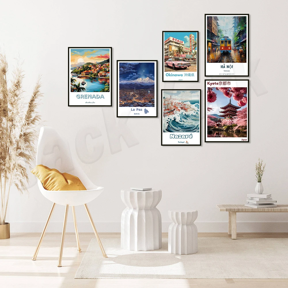 أوكيناوا اليابان، ساحل أمالفي، جزيرة كابري، هانوي فيتنام، البرتغال، أشجار زهر الكرز كيوتو، تكساس، ملصق السفر الكاريبي