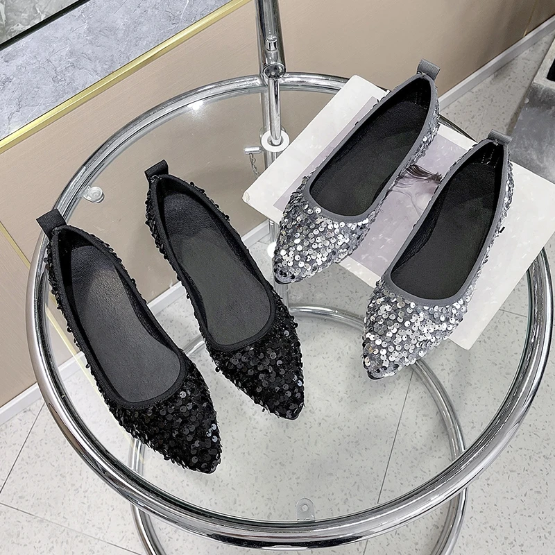 

2024 Spring Pointed Toe Shallow Women Flat Shoes Fashion Bling Sequin Material Ladies Elegant Ballerinas Shoes Slip On Ballet