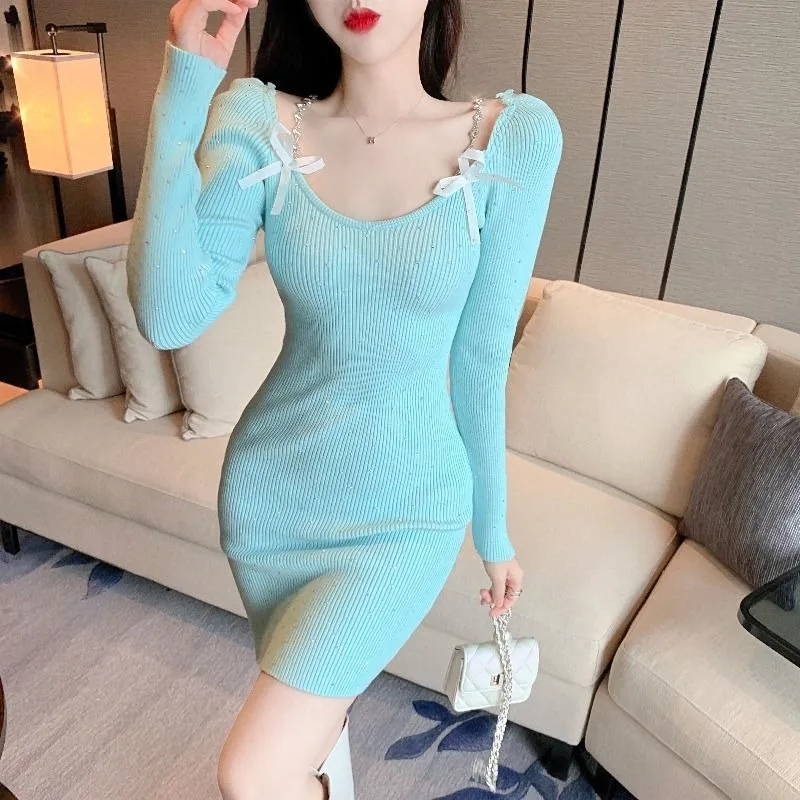 عادي حفلة مثير جريئة حفلة موسيقية امرأة محبوك فستان فراشة القوس متعرج كم طويل ملابس كاملة مصمم فساتين الكروشيه للنساء