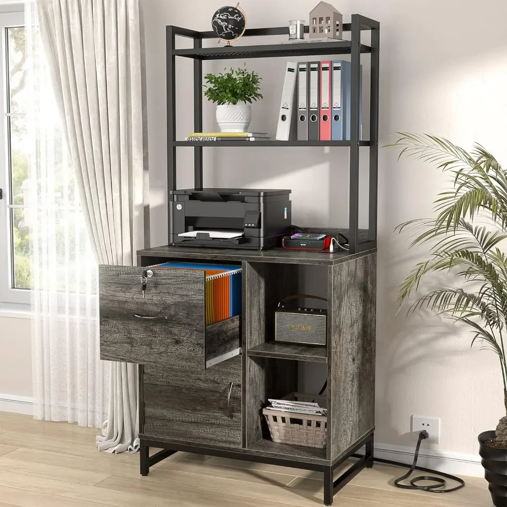 Filing Cabinet with Lock & Charging Station, Drawer Wood File Cabinet with Bookshelf, Printer Stand with Open Storage Shelf