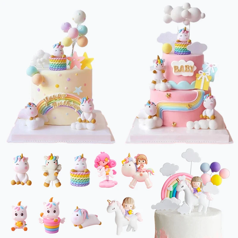 Rainbow Unicorn Cake Topper Girl's Birthday Decoration Baby Shower Party Supplies Kids 1st Happy Birthday Unicorn Theme Decor