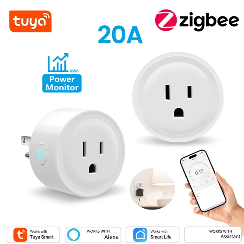 B23B TUYA 20A Plugue inteligente Zigbee Soquete com monitor de energia Função de temporização Controle de voz Funciona plugue dos EUA