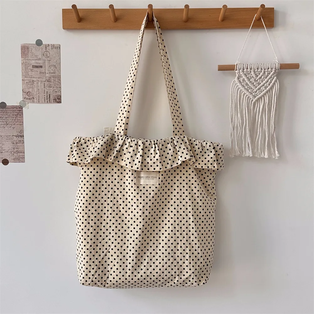 Korean Polka Dot Lace Canvas Bag Large Capacity Tote Bag Student Commuter Shoulder Bag