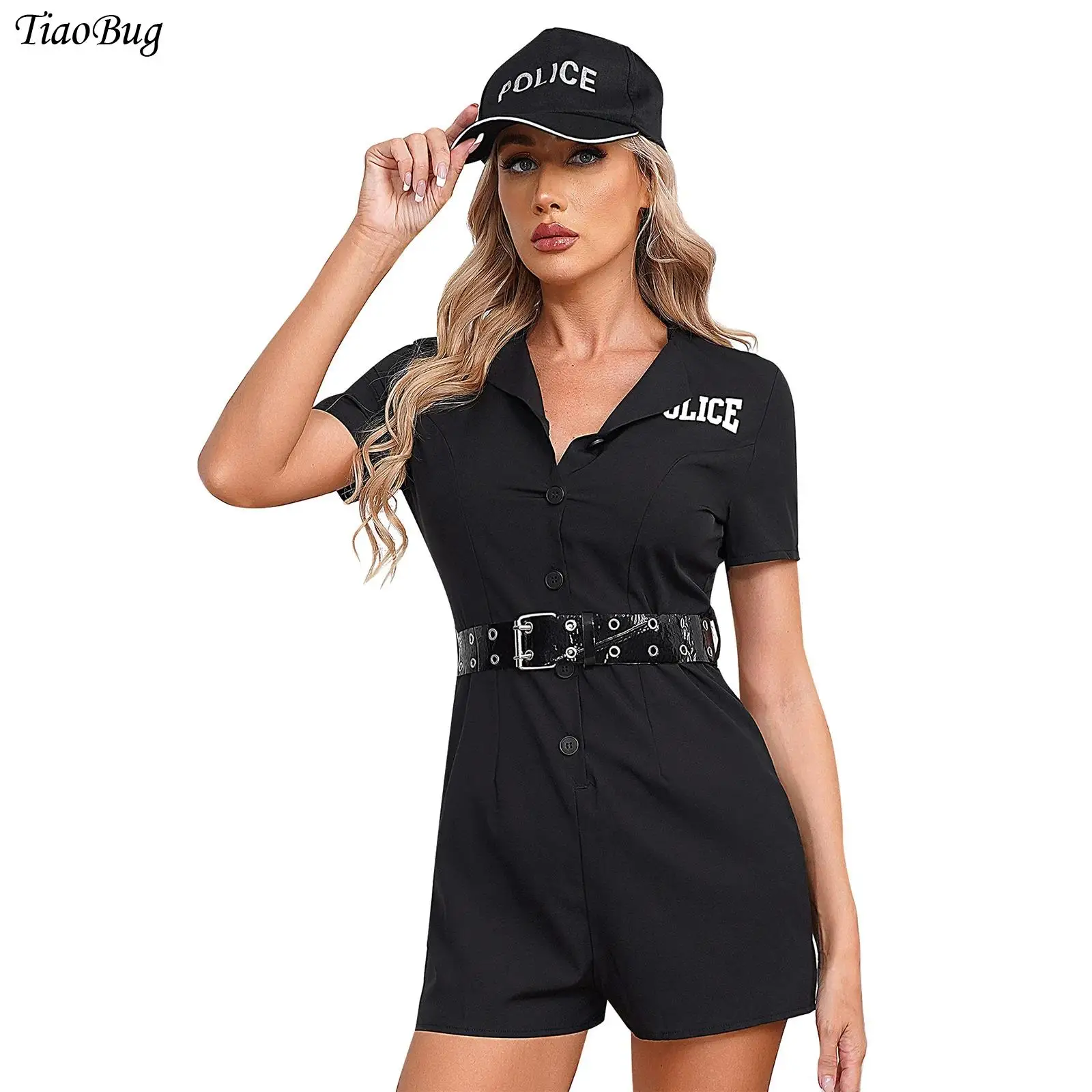 

Halloween Cosplay Policewoman Costumes Outfit for Womens Short Sleeve Letter Print Rompers+Belt+Cap 3Pcs Set Cop Officer Uniform