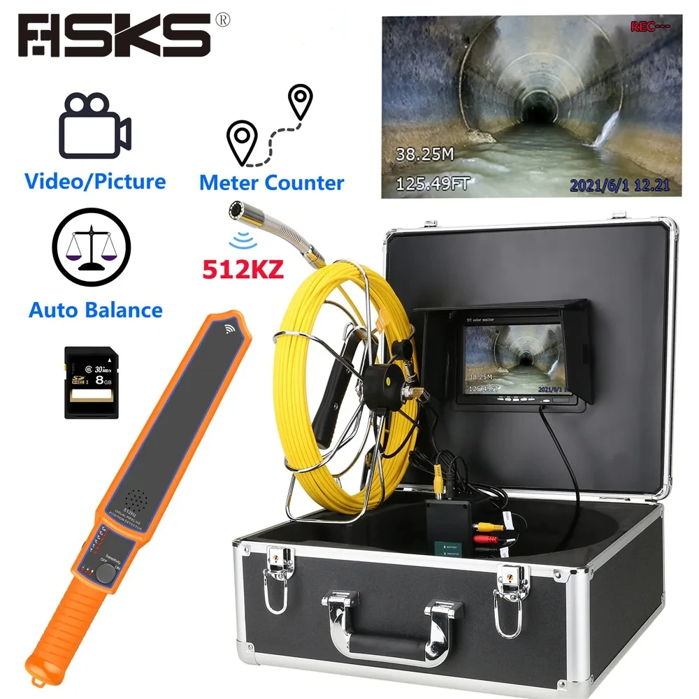 

7" Monitor DVR Sewer Pipe Inspection Video Camera with Meter Counter Auto Self Leveling 512HZ Pipe Locator 22MM IP68 HD