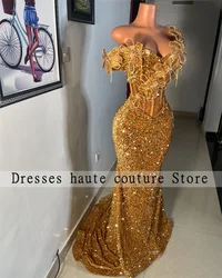 High Quality Gold Aso Ebi Crystal Evening Dress 2026 Sequin Appliques Mermaid African Wedding Party Dress Formal Gown Customized