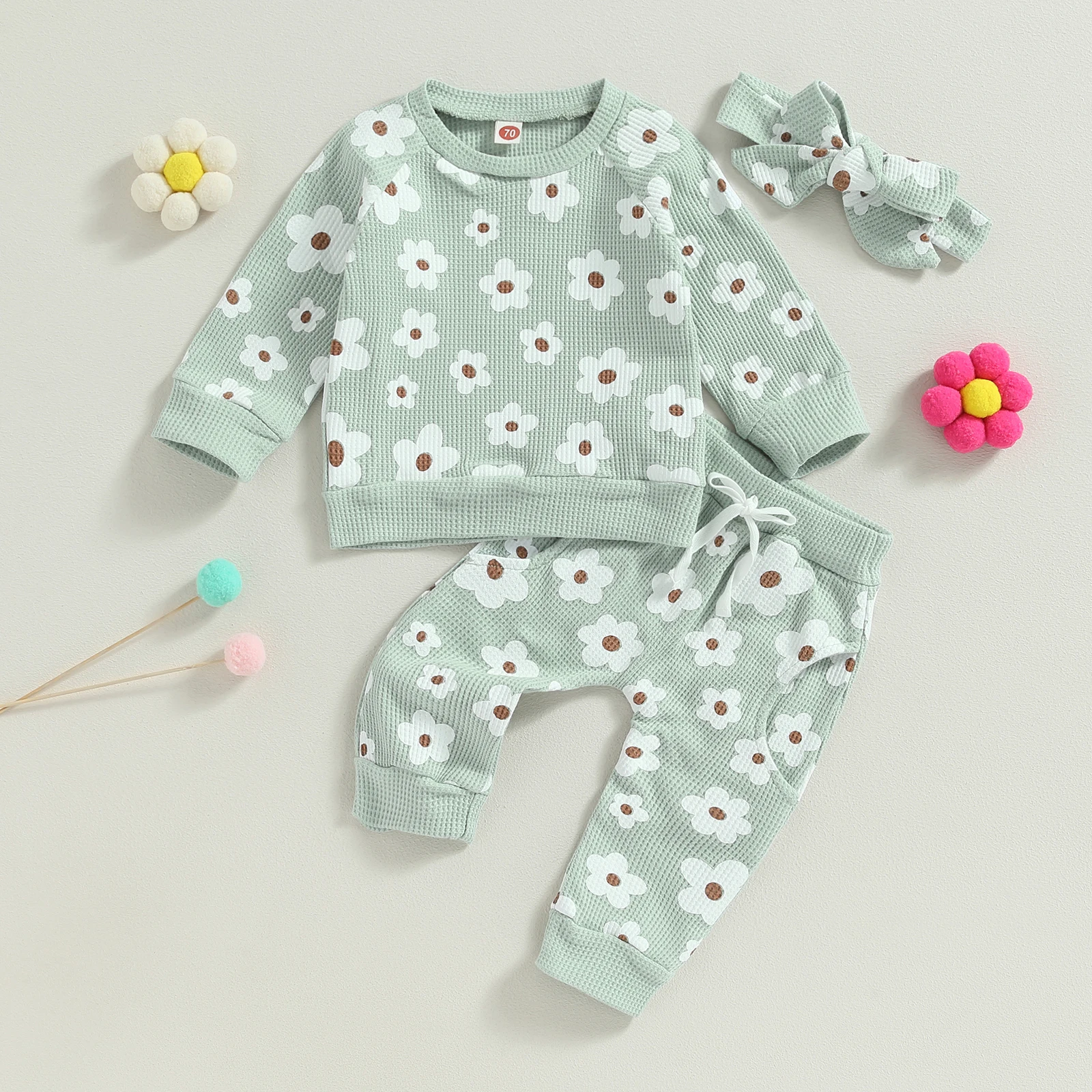 0-24M Infant Baby Girl Autumn Clothes Set 3pcs Flower Print Long Sleeve Sweatshirt Tops Pants Bow Headband