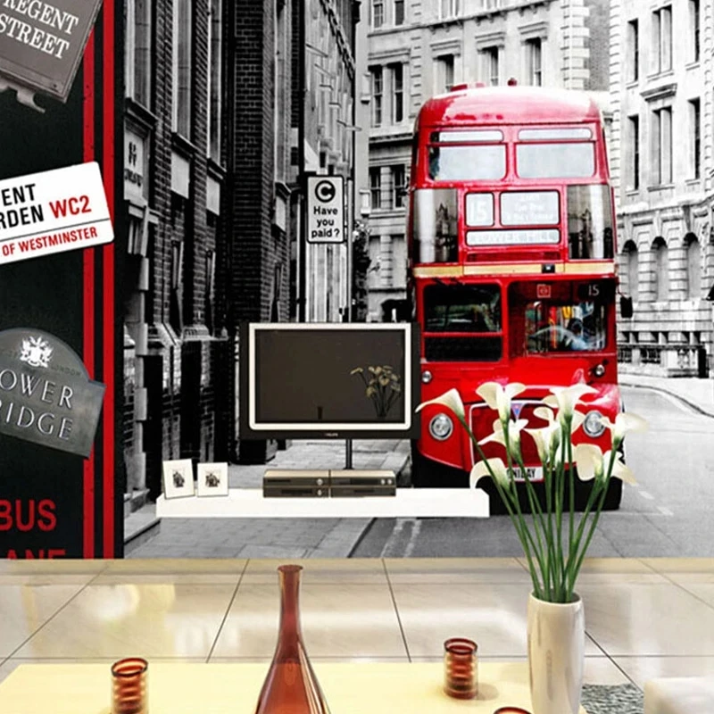 Customized Photo 3D Wallpaper Modern Red Bus City Landscape Mural Cafe Restaurant Living room sofa TV background wall bedroom 8d