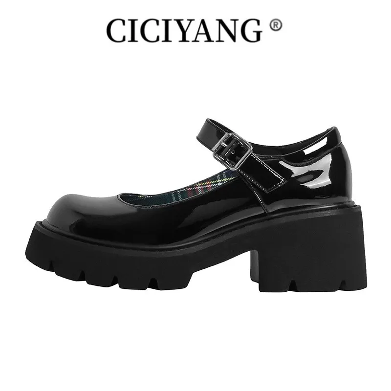 

CICIYANG Mary Jane ladies 2023 New Patent Leather Thick-soled High-Heel Women's Loafers One-word Buckle Shoes Girl Students