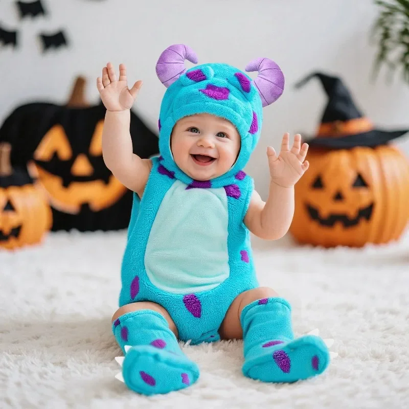 Baby Boy Clothes Newborn Baby Blue Purple Monster Romper Sleeveless Hooded Bodysuit Halloween Costume