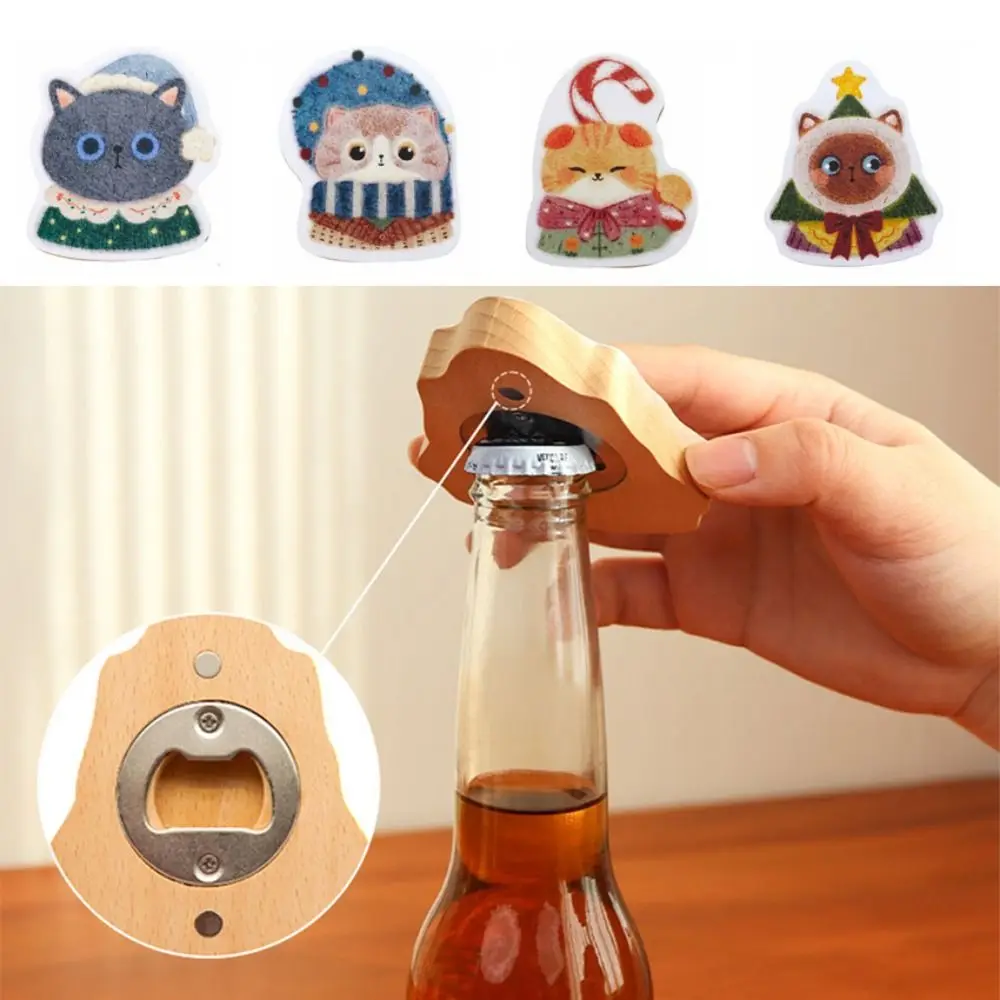 

Creative Cat Shaped Bottle Opener Solid Wood Portable Cartoon Beer Bottle Openers Refrigerator Sticker Cute Wine Opening Tool
