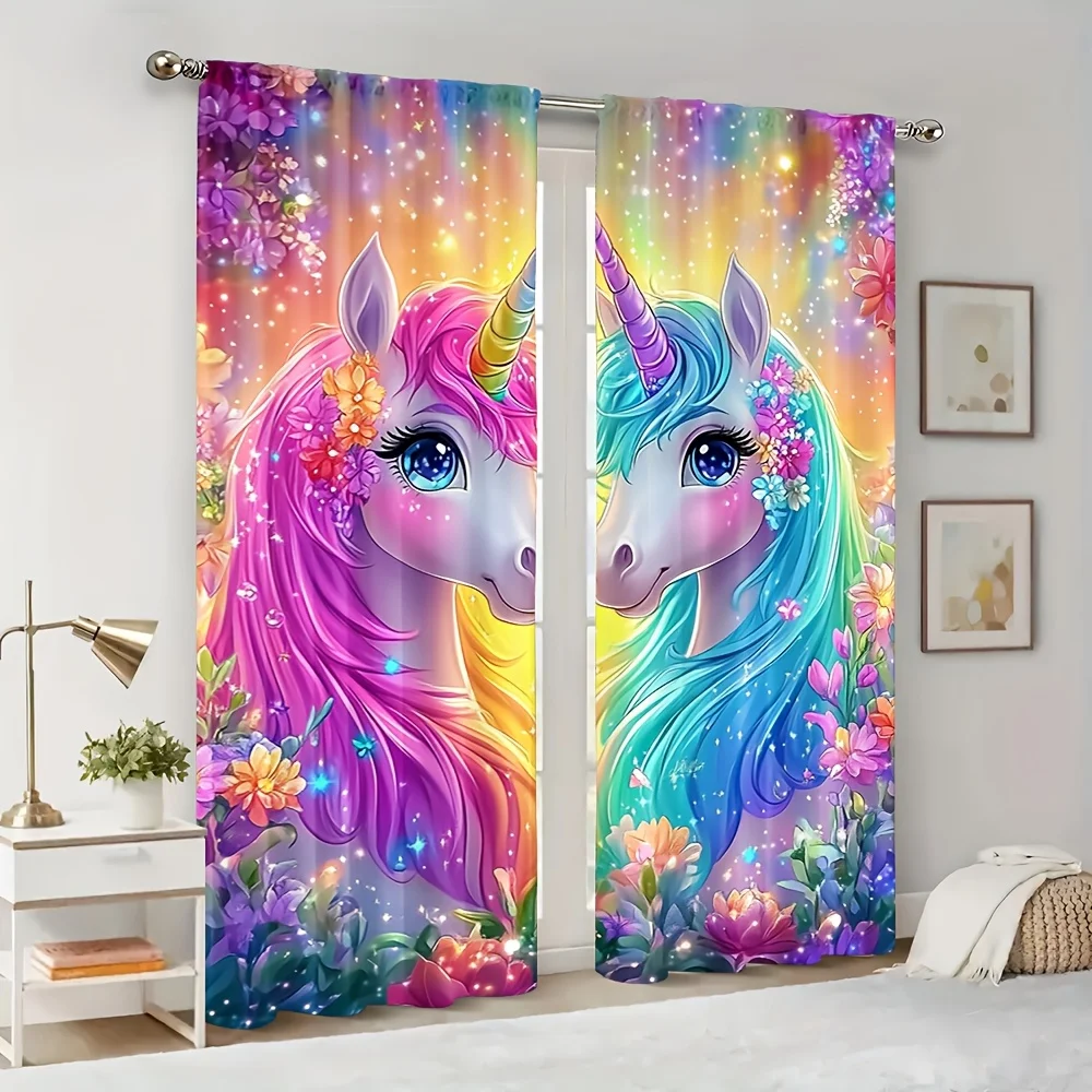 Magical Unicorn Curtain, Rainbow Hair and Flower Crown, Sparkle Fantasy Pattern, Girls Room Window Drapes