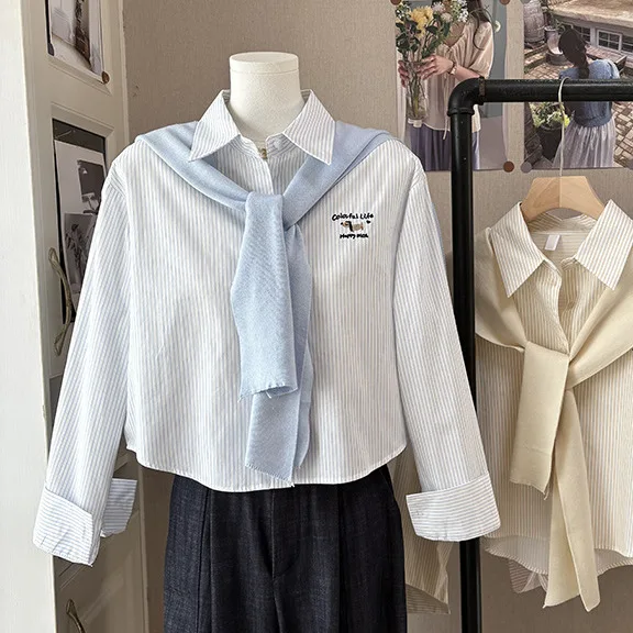 

Весенняя новинка: Женская свободная рубашка с вышивкой собаки, короткая полосатая вязаная кофта с длинным рукавом, повседневный модный топ