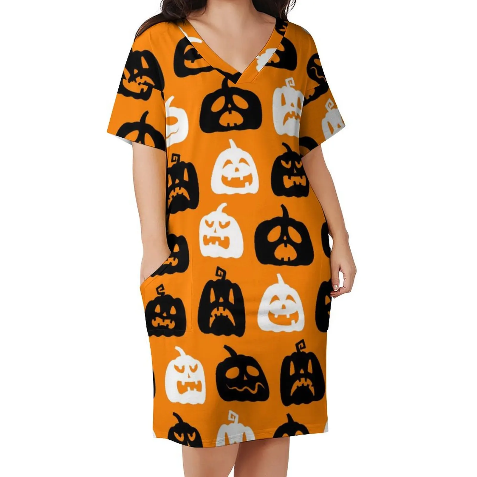 

Happy Haunts Casual Dress Summer Black White Halloween Pumpkins Elegant Dresses Women V Neck Graphic Fashion Dress Large Size