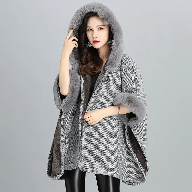 Fluwelen voering Winter Warm Gebreid Nepbont Hals Capes Claxon Blends Vest Herfst Mode Vrouwen Losse Poncho Met Bontmuts