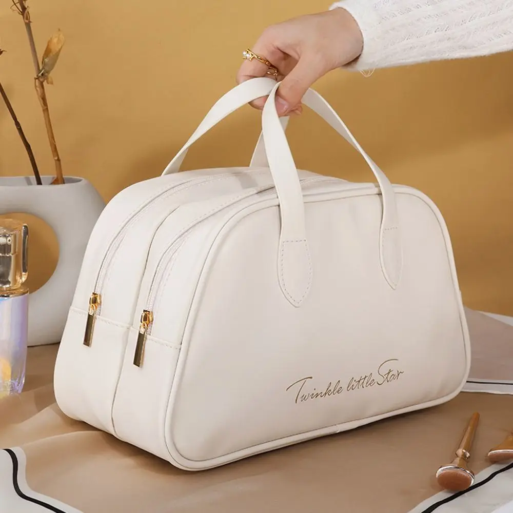 Borsa cosmetica da viaggio di grande capacità a doppio strato borsa per trucco portatile in PU borsa da bagno impermeabile per donna borsa