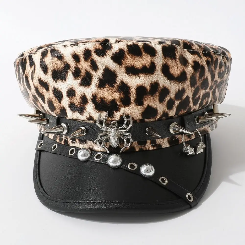 

Retro Hip-hop Rivet Leopard Hat Harajuku Punk Y2k Beret Hat Gothic Pu Leather Flat Top Cap for Women