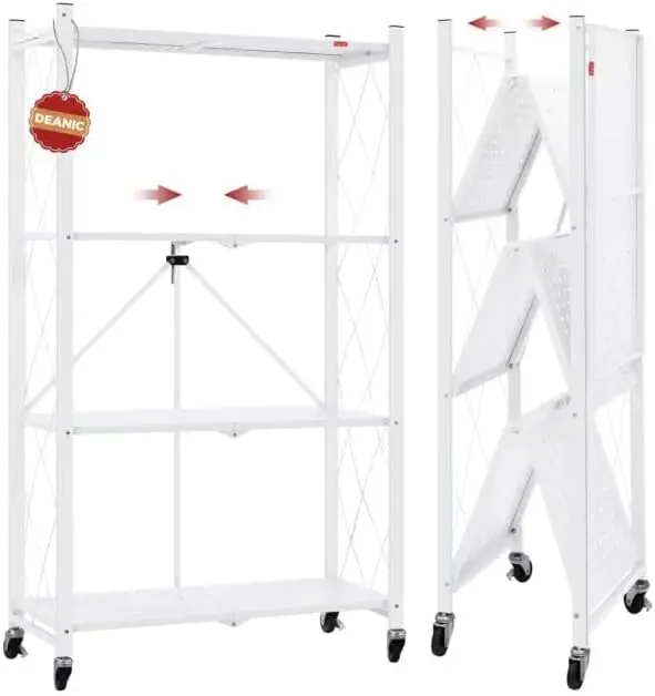 

4-Tier Foldable Storage Shelf with Wheels, Large Capacity Metal Rack for Garage Kitchen Pantry