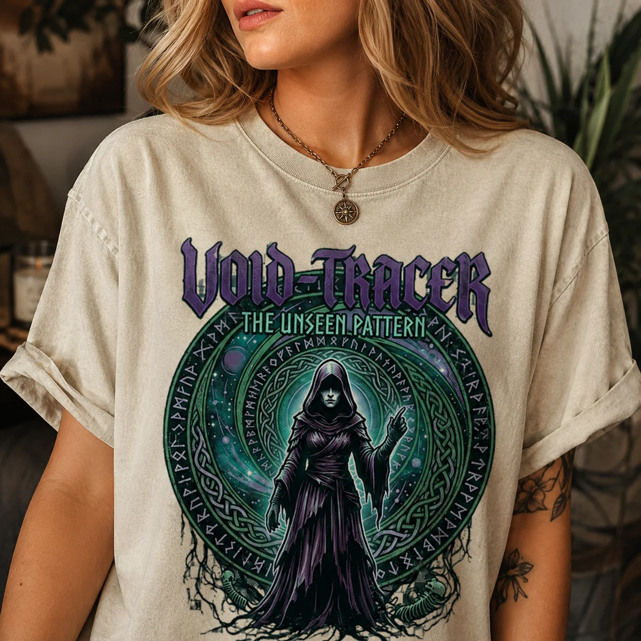 Men Women Gothic Graphic T Shirt Vintage Beige Short Sleeve Void Tracer Mystic Rune Dark Fantasy Casual Crew Neck Top ﻿