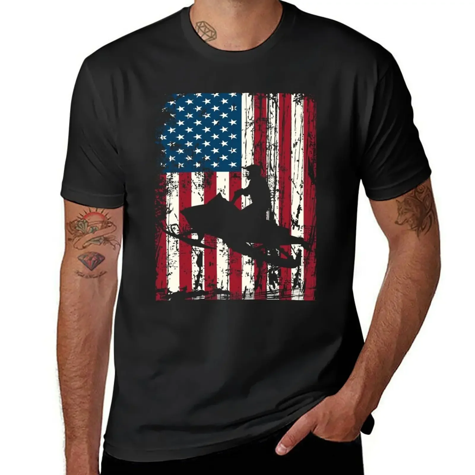 Distressed American Flag Snowmobiling Sled Snowmobile Rider T-Shirt vintage clothes oversized cute tops plain t shirts men