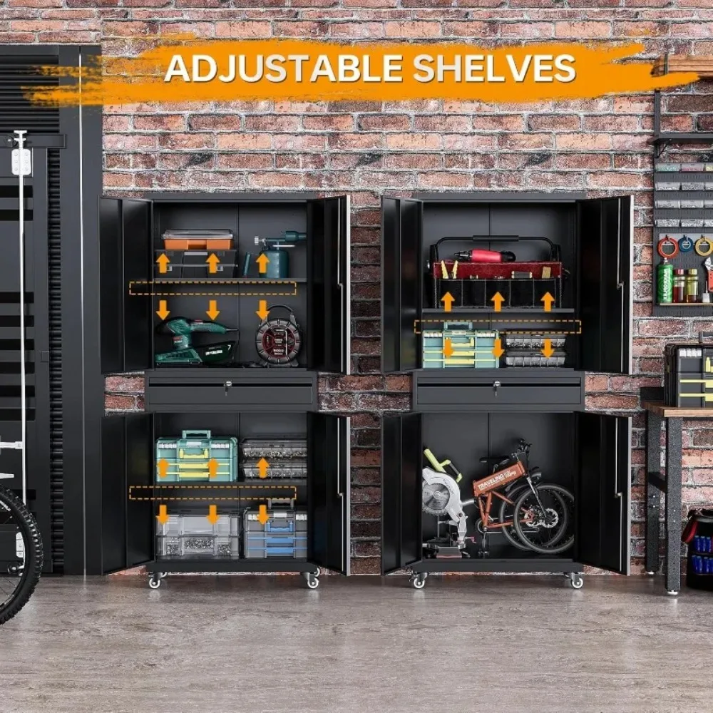 خزائن تخزين جراج معدنية مع درج، خزانة تخزين أدوات 4 أبواب مع رفين قابلين للتعديل، (أسود، 4 عجلات - 72 ساعة) جديد