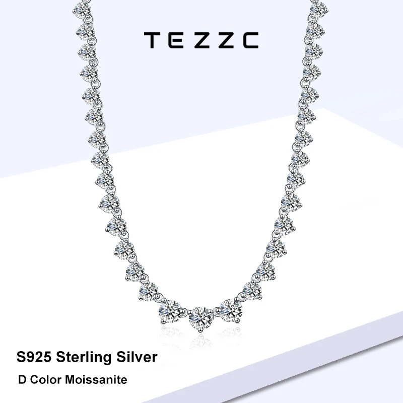 Tezzc Classic 3 Claws Gradient Moissanite Tennis Necklace for Women Full Diamond Luxury Wedding Party Necklaces With Certificate