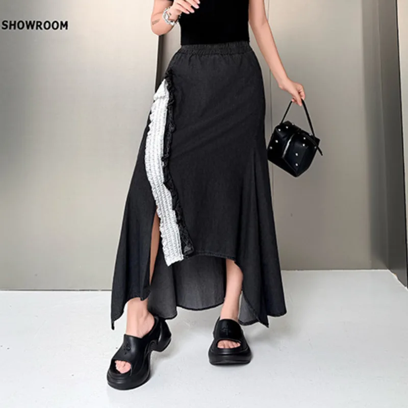 ANJY Spring Summer New Women Trend Irregular Lace Patchwork Washed Vintage Contrast Color Niche Design A-Line Denim Skirt A23733