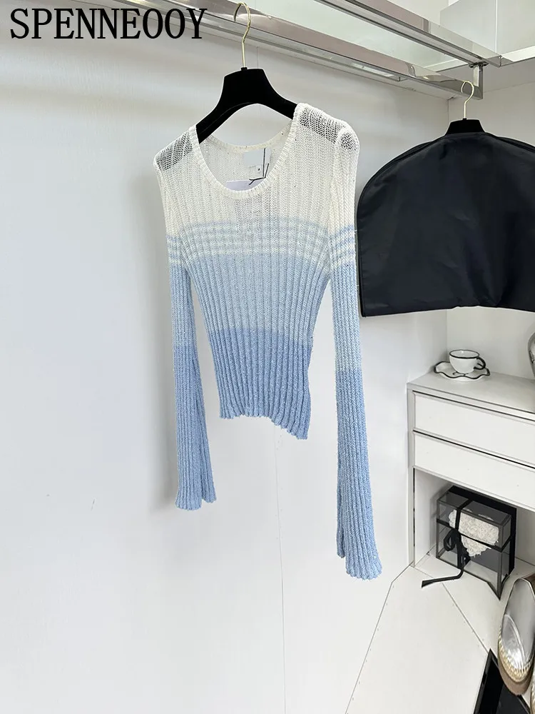 SPENNEOOY Fashion Runway Spring Summer Gradual Change Knitting Pullovers Women's O-Neck Flare Long Sleeve Thin Style Sweaters