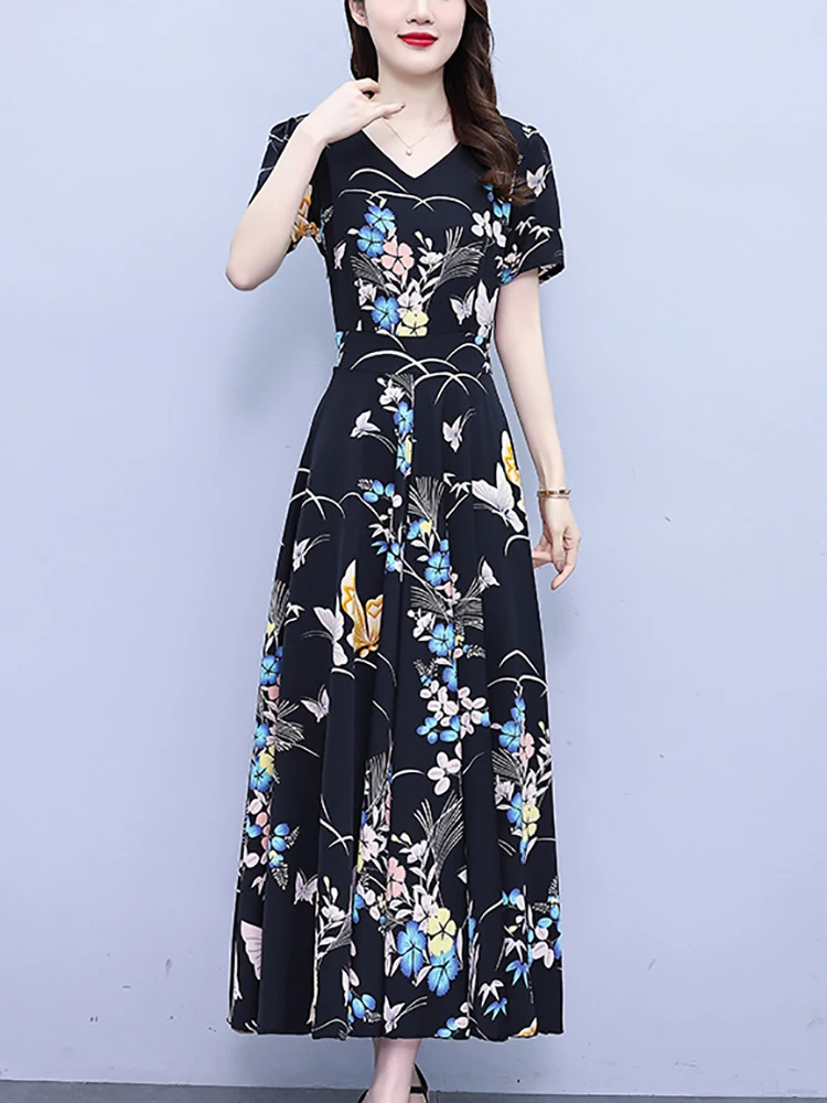 Vestido informal de gasa con estampado Floral para mujer, traje femenino de manga corta con escote en V, estilo coreano Vintage Hepburn para fiesta de verano, 2024