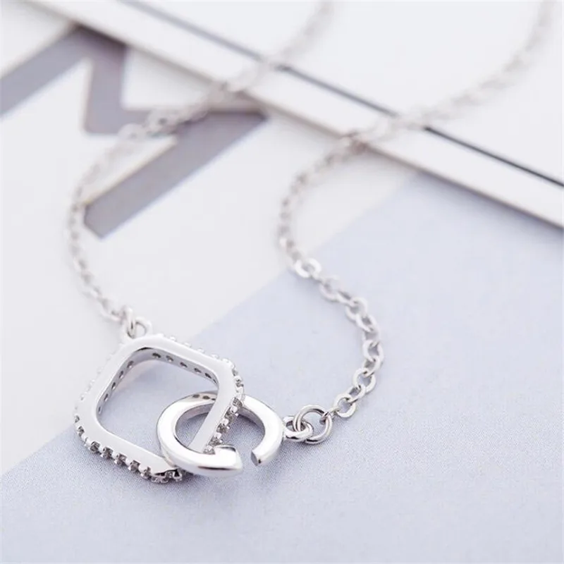 

New Simple Double Circle Geometric 925 Sterling Silver Jewelry Square And Round Personality Crystal Necklaces TYB101