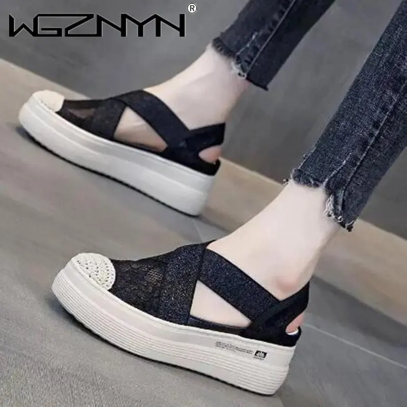 Summer Mesh Breathable Slippers Women Baotou Sandals Wedges Chunky Heels Height Increasing Platform Ladies Thick Sole Lace Shoes